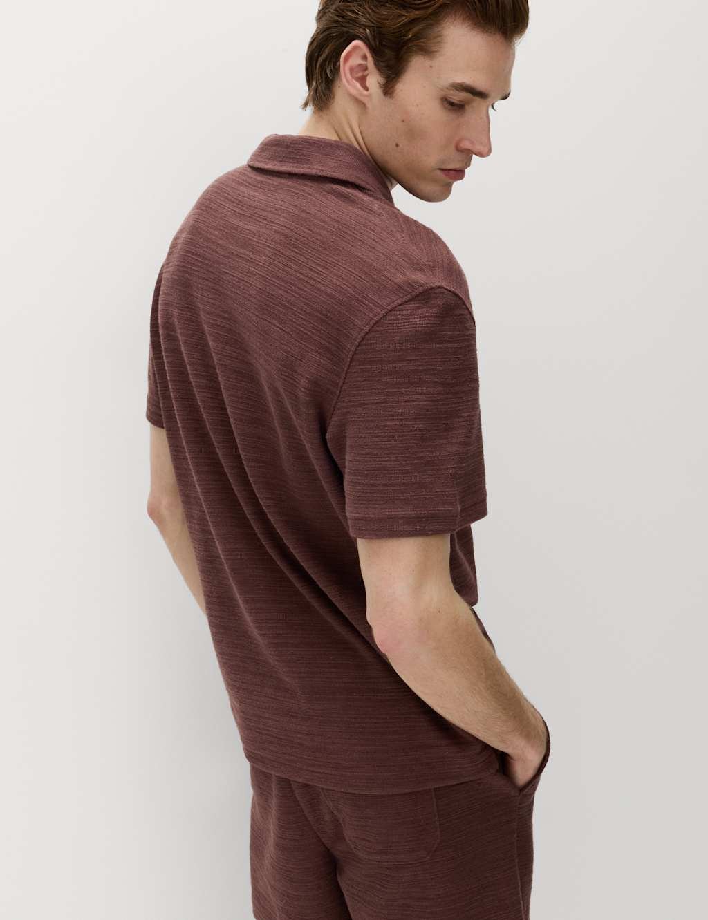 Marks & Spencer M&S Cotton Rich Notch Neck Boucle Polo Shirt Chestnut - 3