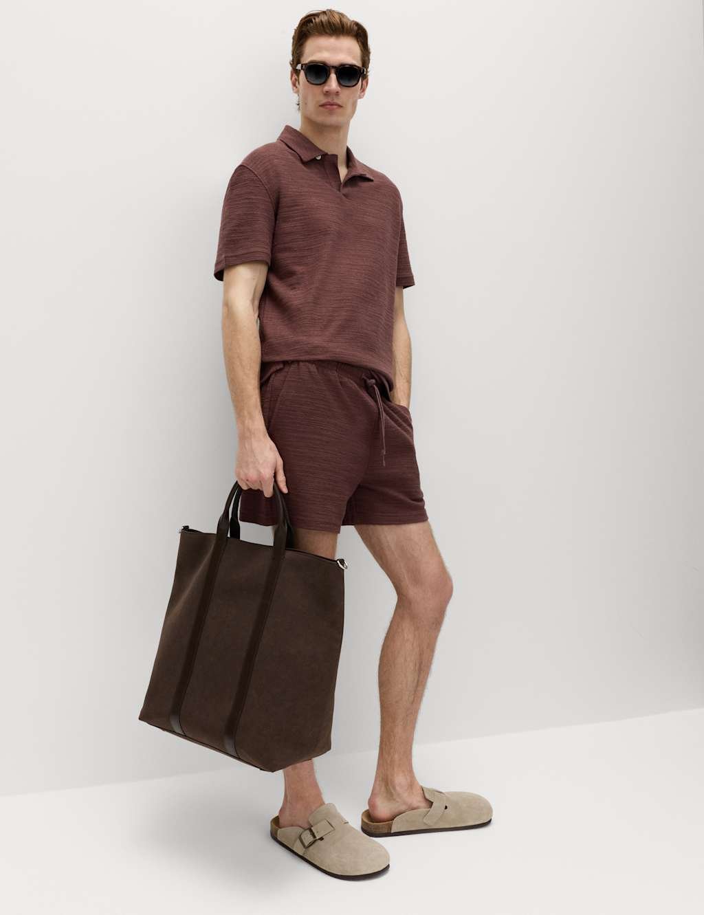 Marks & Spencer M&S Cotton Rich Notch Neck Boucle Polo Shirt Chestnut - 4