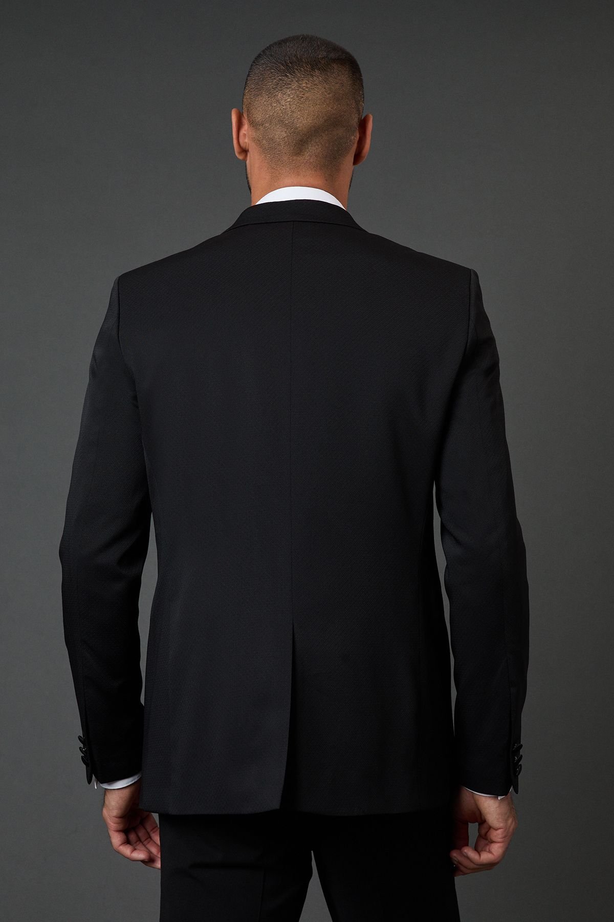 Burton Burton Men's Black Jacquard Peak Collar Tailored Fit Tuxedo Jacket - 3