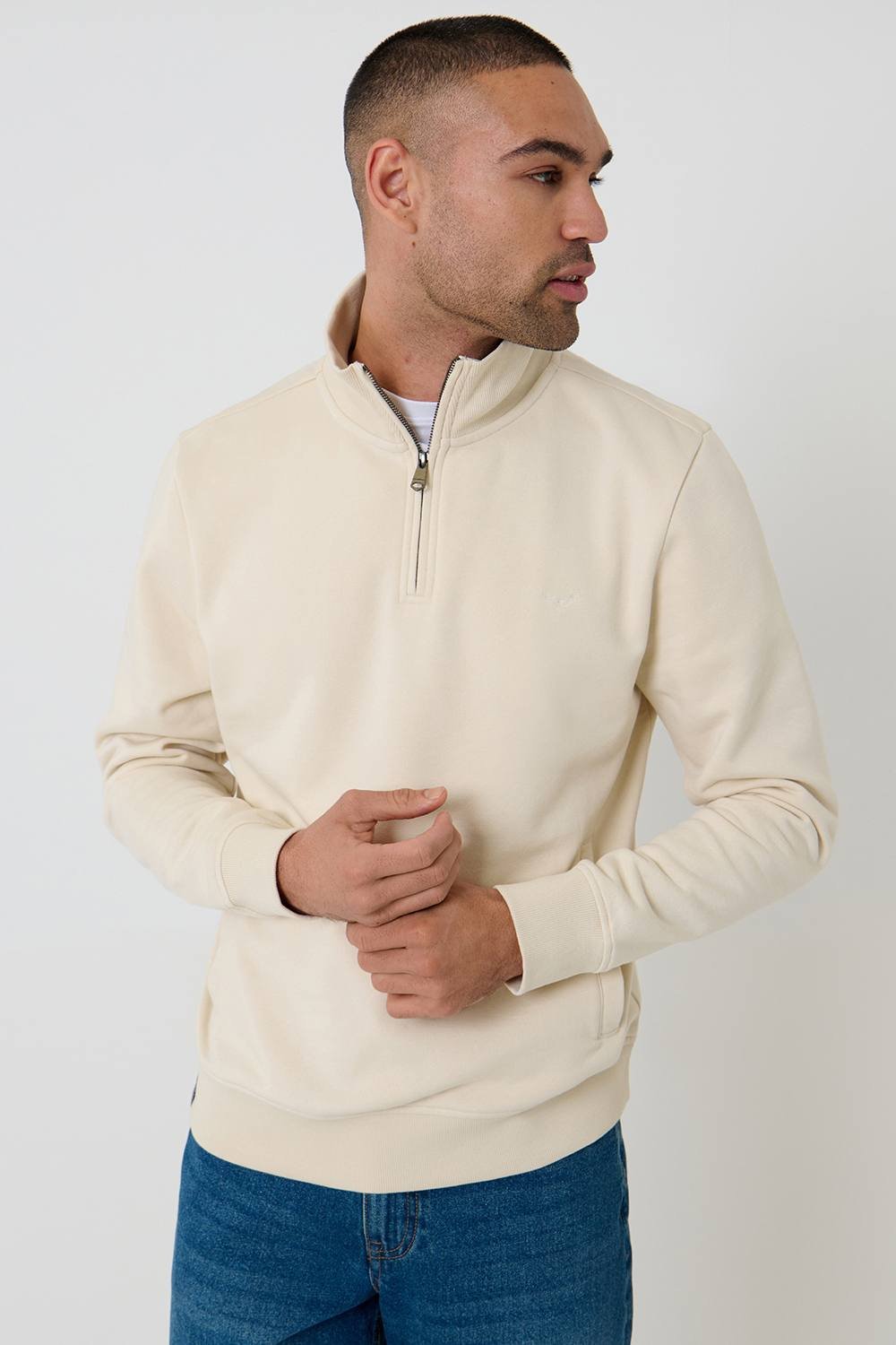 Threadbare Threadbare Men's Quarter Zip Sweatshirt in Light Beige - 3