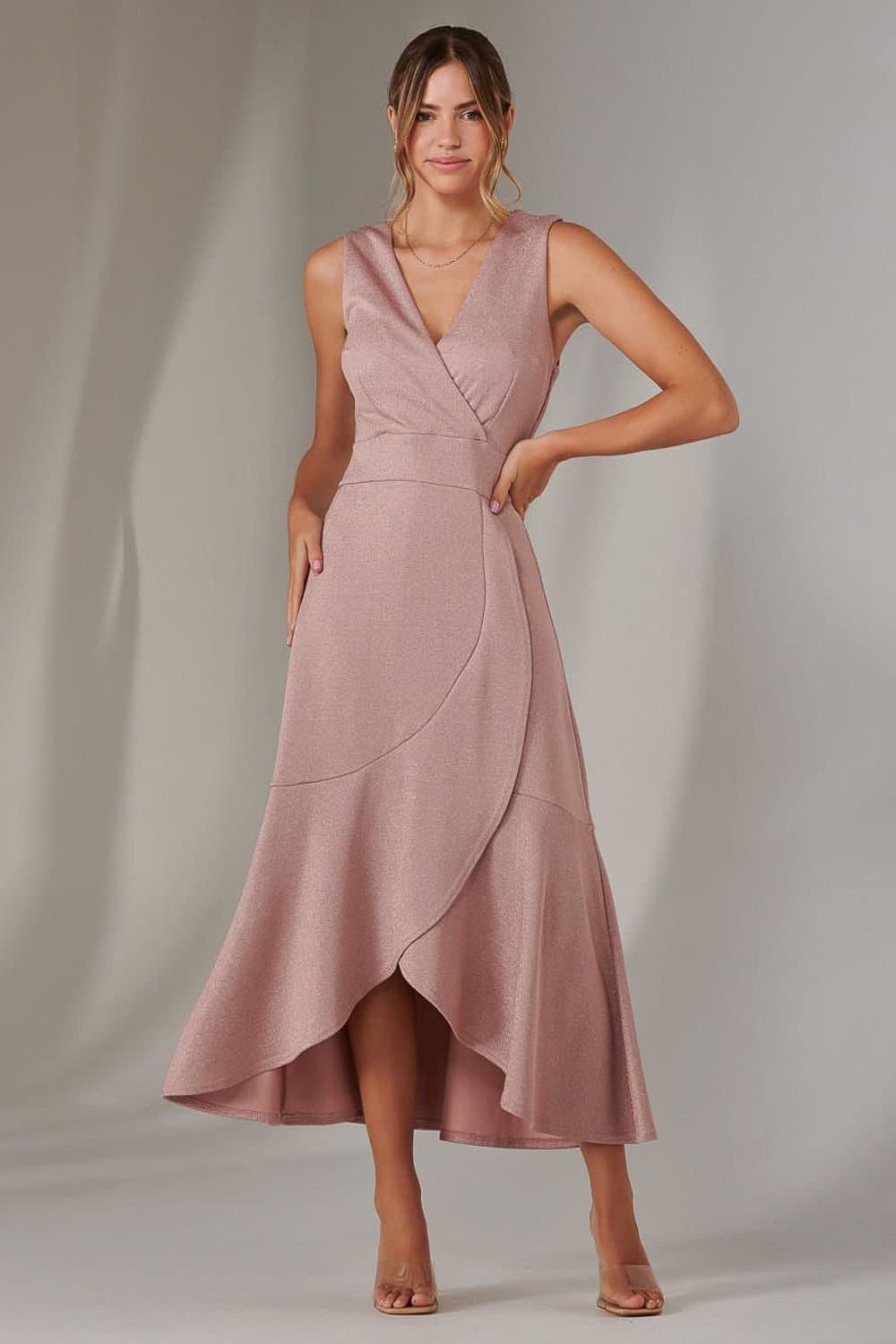 Jolie Moi Jolie Moi Women's Wrap Frill Hem Maxi Dress in Dusty Pink