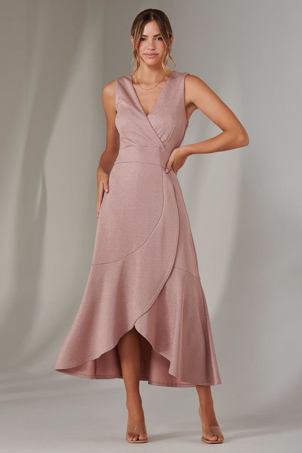 Jolie Moi Jolie Moi Women's Wrap Frill Hem Maxi Dress in Dusty Pink - 2