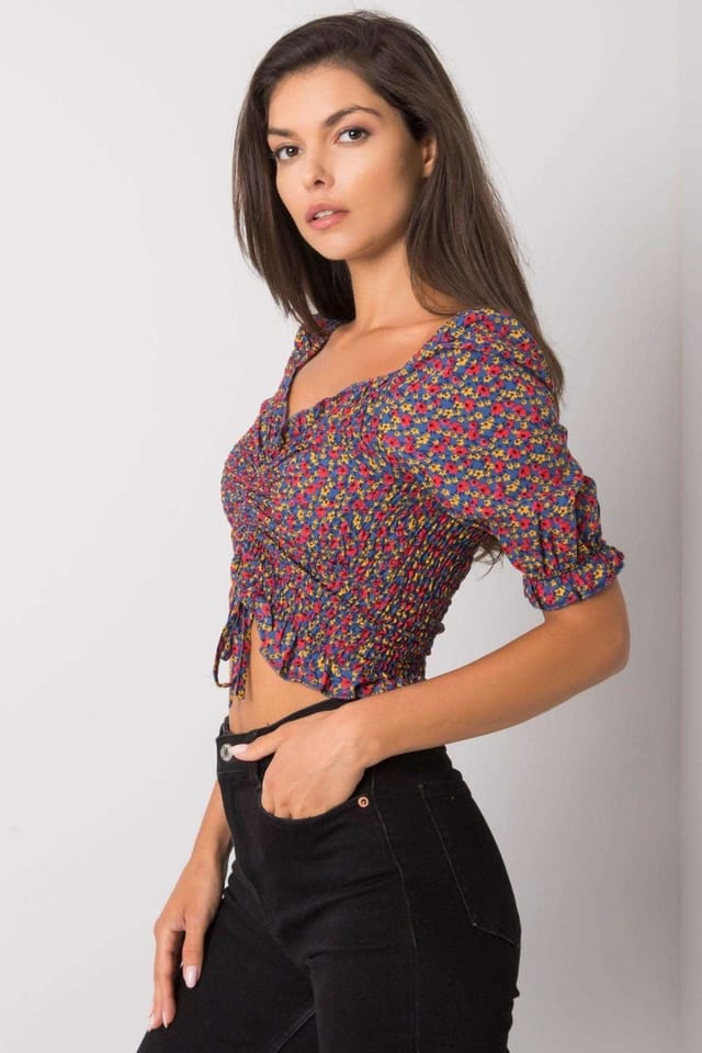 Love Lace Love Lace Women's Fitted Short Sleeve V Neck Creased Blouse in Blue - 3