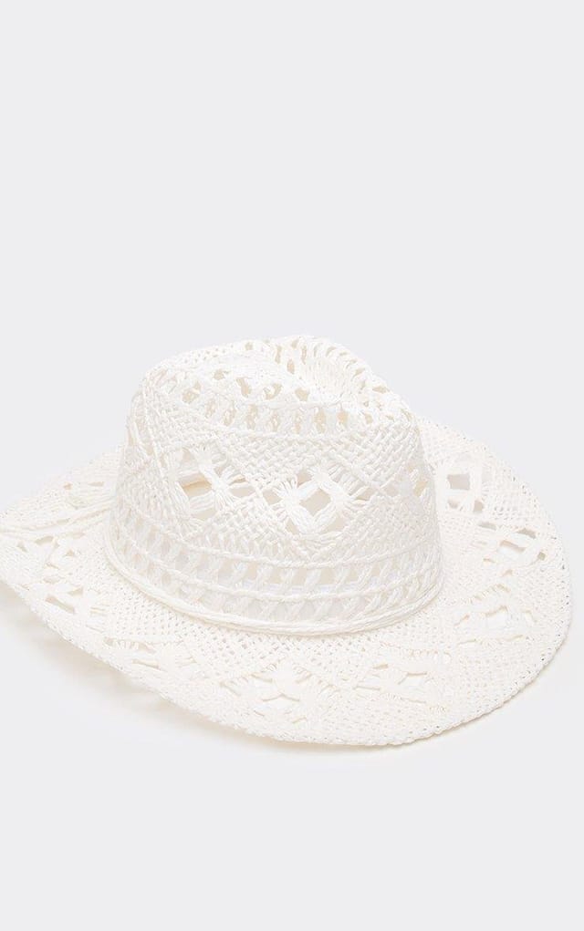 EGO Woven Detail Western Cowboy Hat In White Straw, Women's Size UK 0 - 2