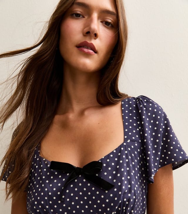 New Look Women's Blue Spot Print Velvet Bow Trim Midi Dress New Look - 2
