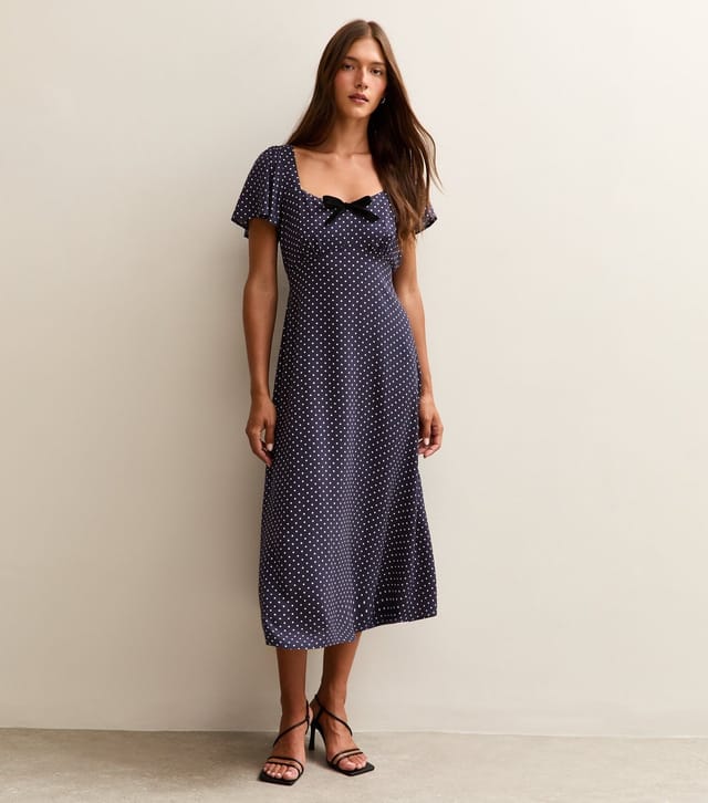 New Look Women's Blue Spot Print Velvet Bow Trim Midi Dress New Look - 3