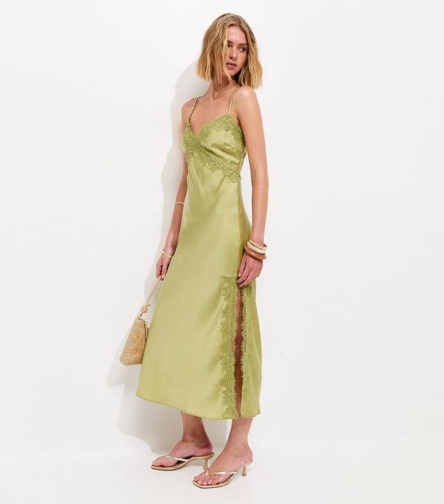 New Look Women's Light Green Lace Trim Slip Strappy Midi Dress New Look - 2