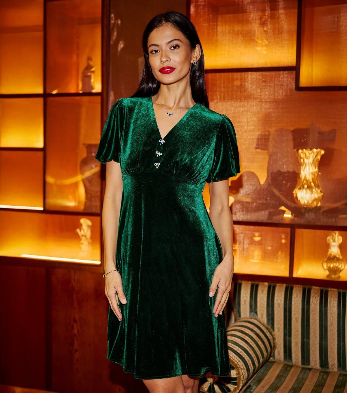 Yumi Women's Green Velvet Diamanté Mini Dress Yumi New Look