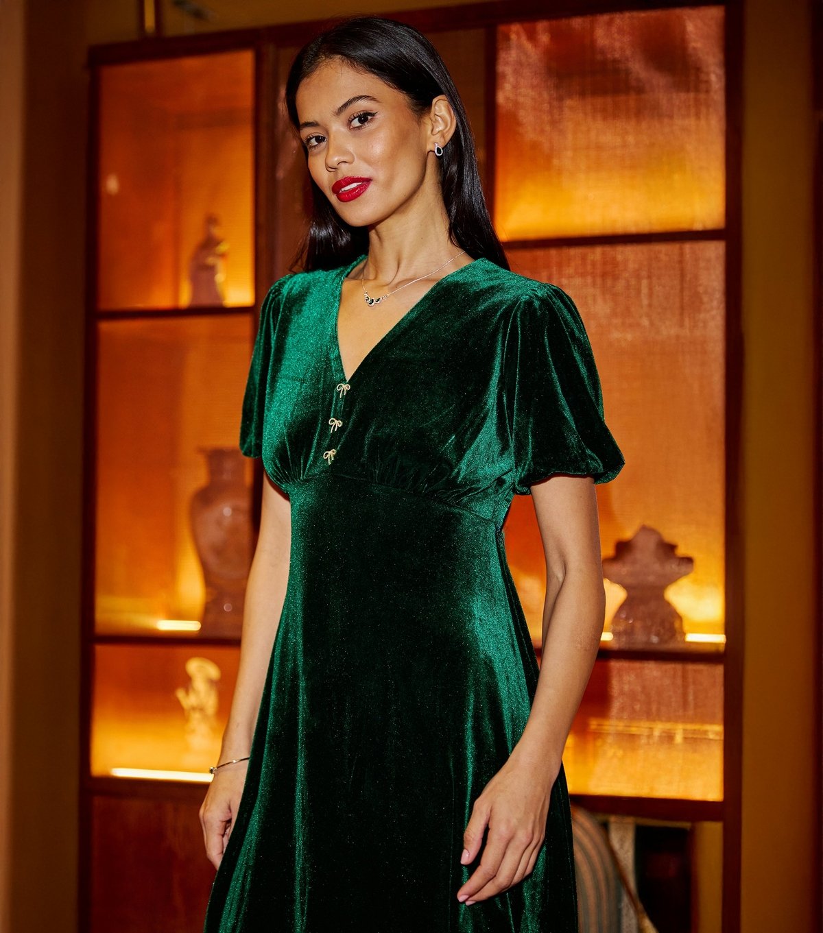 Yumi Women's Green Velvet Diamanté Mini Dress Yumi New Look - 4