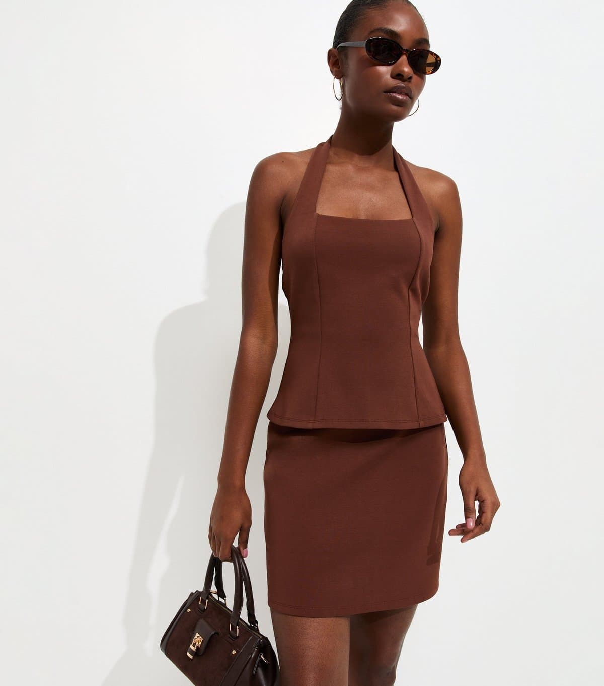New Look Women's Dark Brown Halterneck Peplum Mini Dress New Look