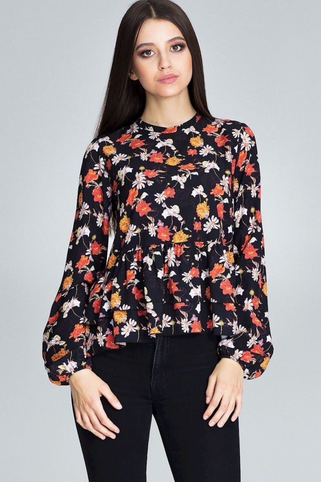 Love Lace Love Lace Women's Floral Loose Fit Long Sleeve Blouse in Black
