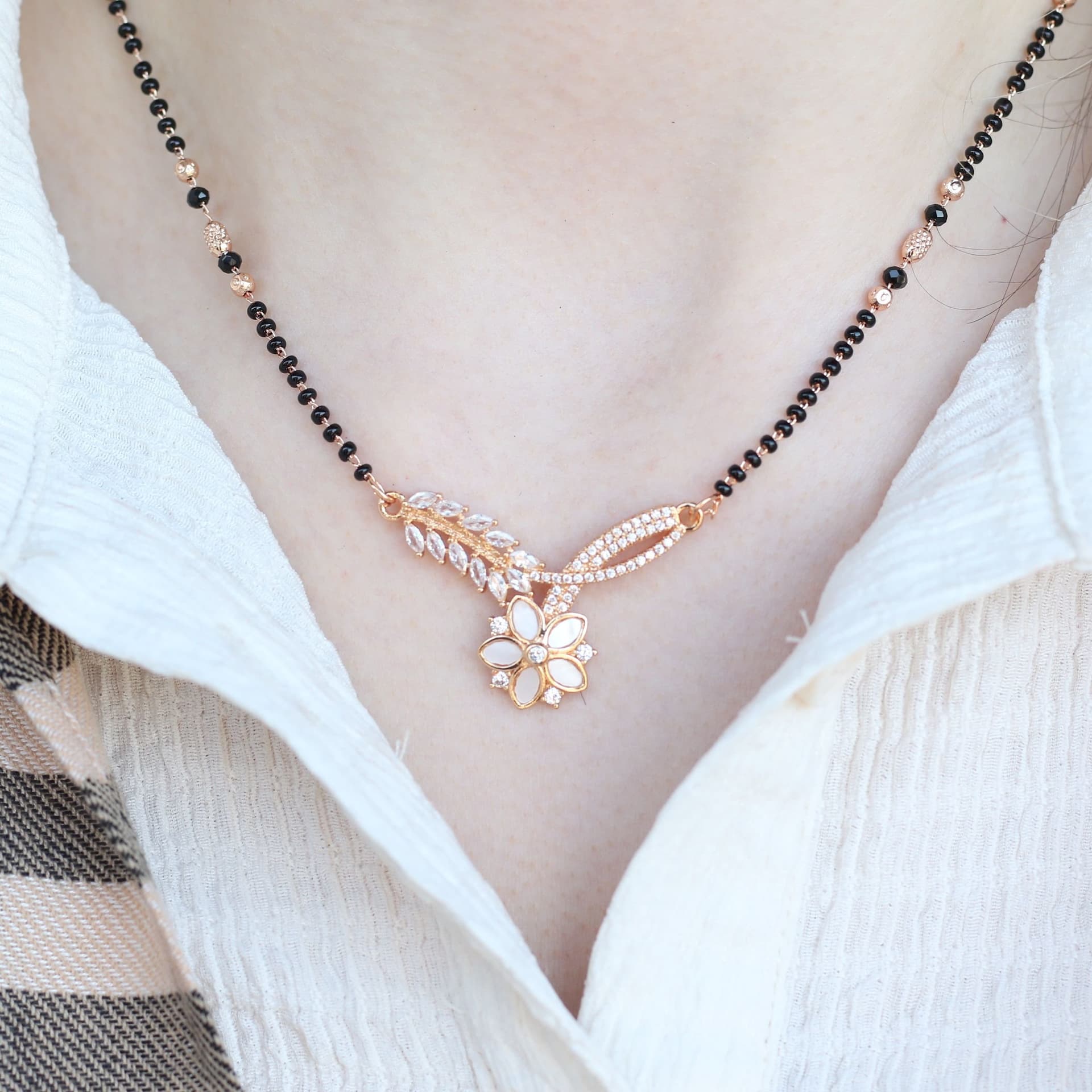 The Colourful Aura The Colourful Aura Women's Indian Nazaria Rose Gold Zircon Mangalsutra Black Beads Necklace