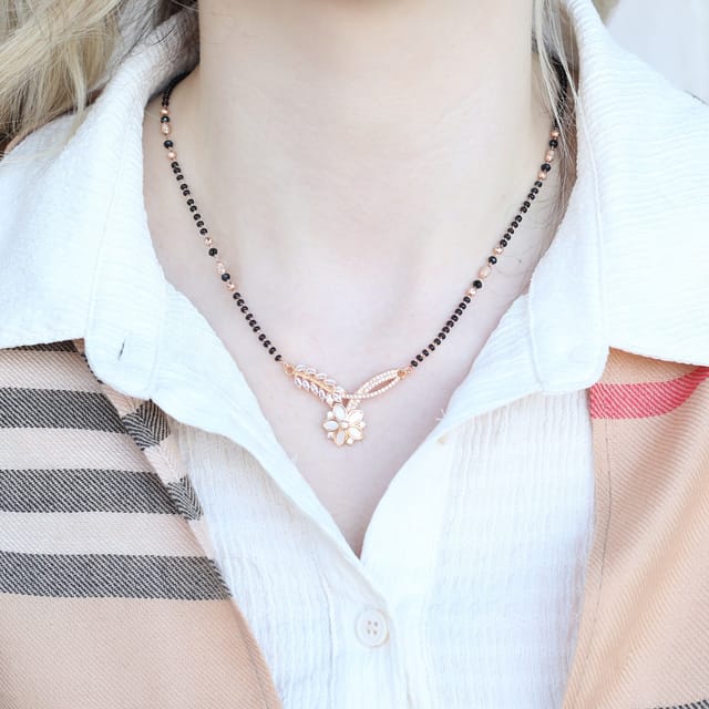 The Colourful Aura The Colourful Aura Women's Indian Nazaria Rose Gold Zircon Mangalsutra Black Beads Necklace - 2