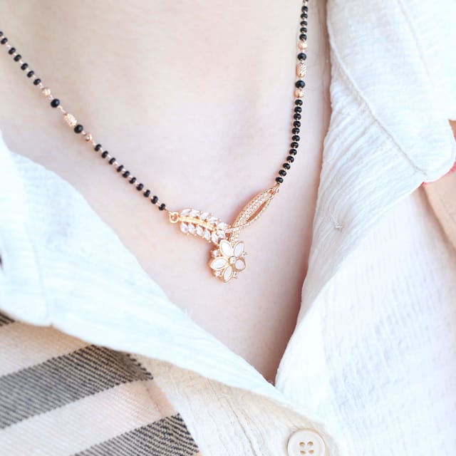 The Colourful Aura The Colourful Aura Women's Indian Nazaria Rose Gold Zircon Mangalsutra Black Beads Necklace - 3