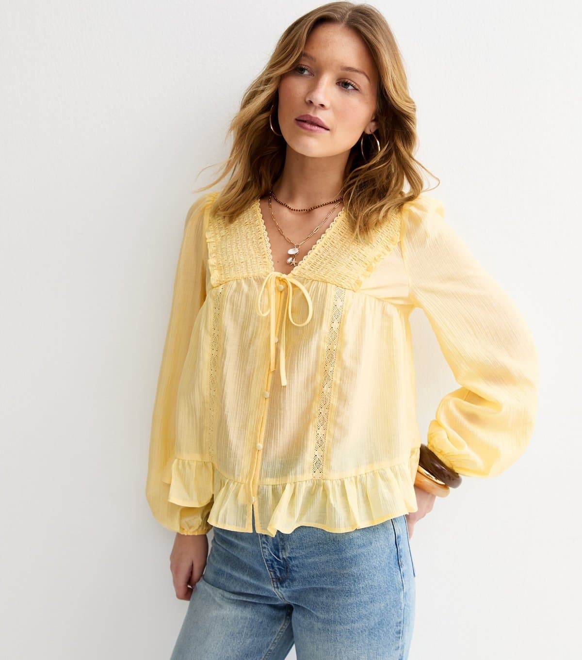 New Look Women's Light Yellow Lace Button Long Sleeve Blouse New Look