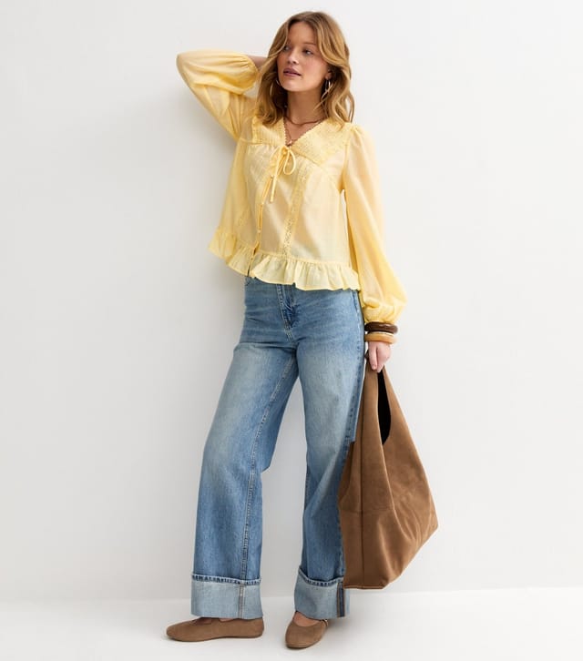 New Look Women's Light Yellow Lace Button Long Sleeve Blouse New Look - 2