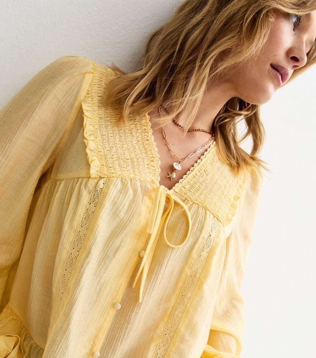 New Look Women's Light Yellow Lace Button Long Sleeve Blouse New Look - 3