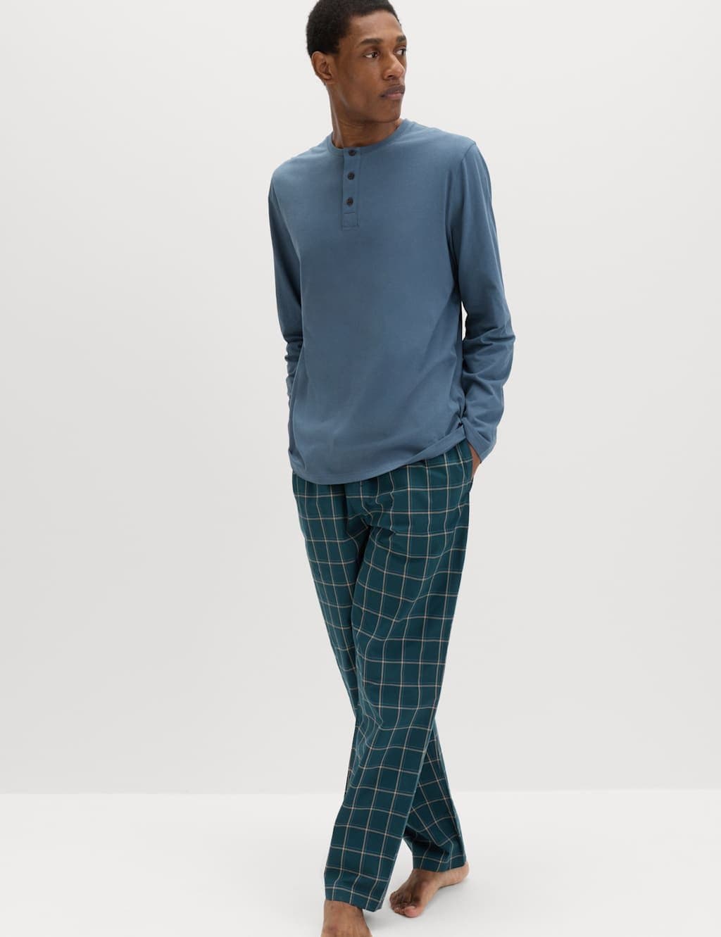 Marks & Spencer M&S Pure Cotton Henley Checked Pyjama Set Blue Mix
