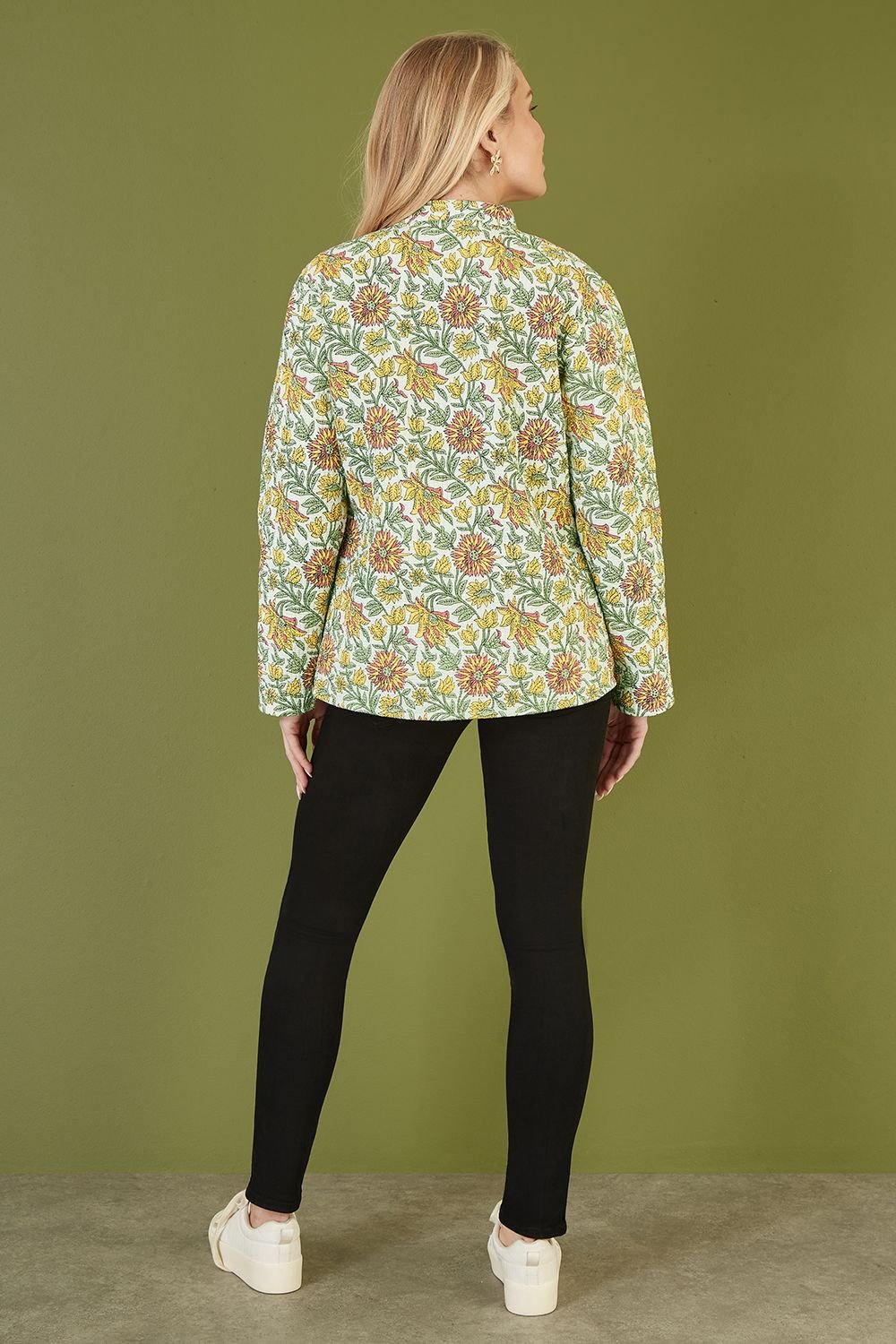 Yumi Yumi Women's Yellow Floral Print Reversible Cotton Quilted Jacket - 3