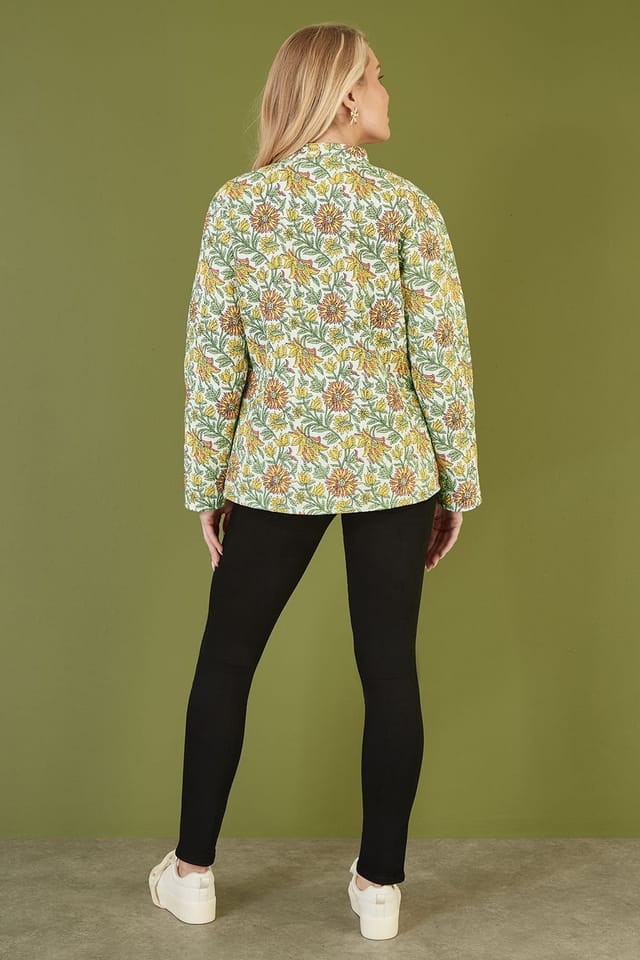 Yumi Yumi Women's Yellow Floral Print Reversible Cotton Quilted Jacket - 3