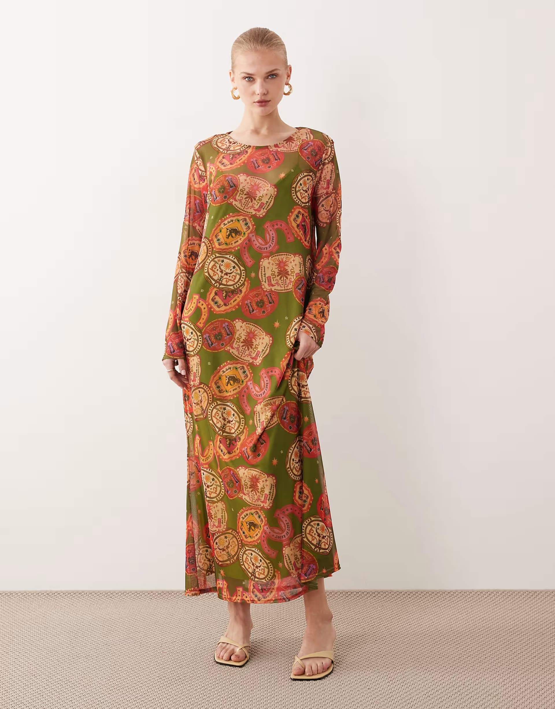 ASOS Never Fully Dressed mesh maxi dress in olive western print