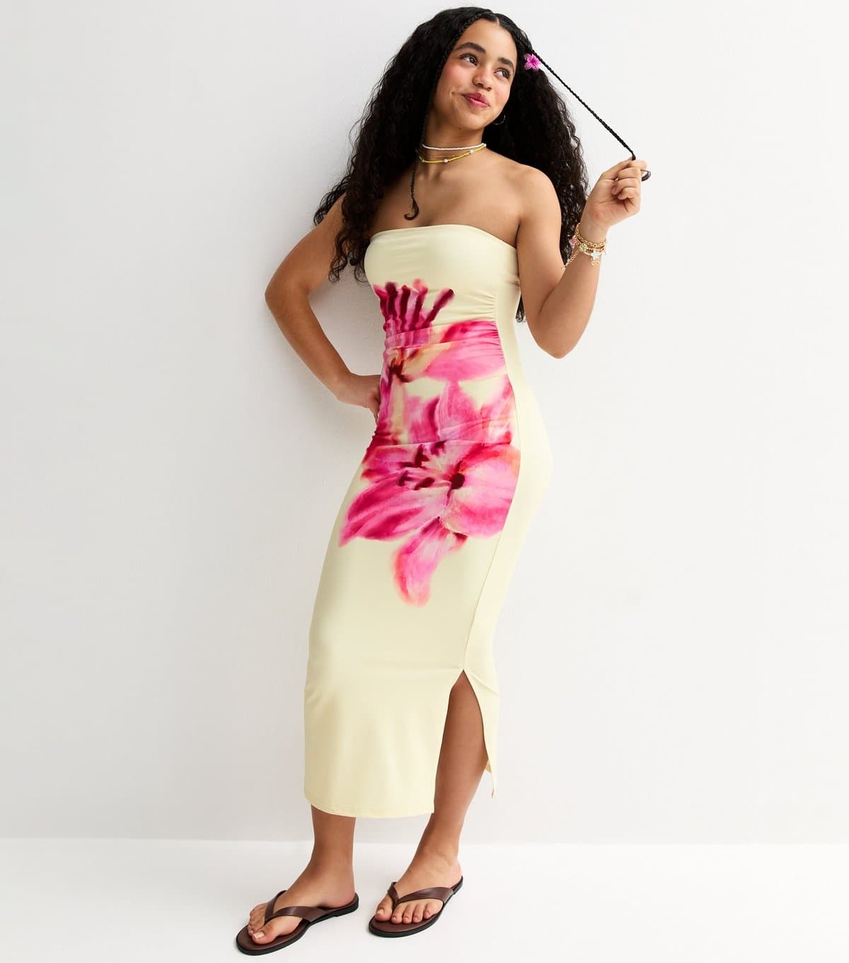 New Look Girls' Yellow Oversized Floral Print Strapless Dress New Look