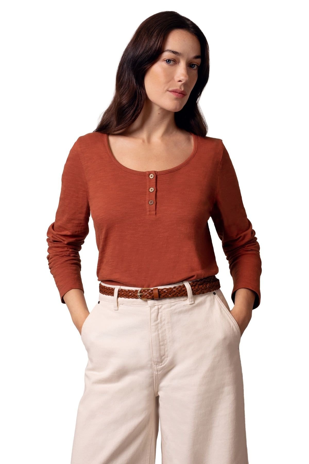Celtic & Co Burnt Orange Henley Long-Sleeved Scoop Neck Top