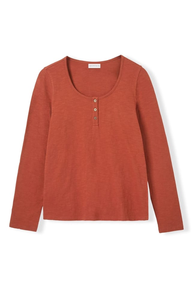 Celtic & Co Celtic & Co Women's Henley Long-Sleeved Scoop Neck Top in Burnt Orange - 2
