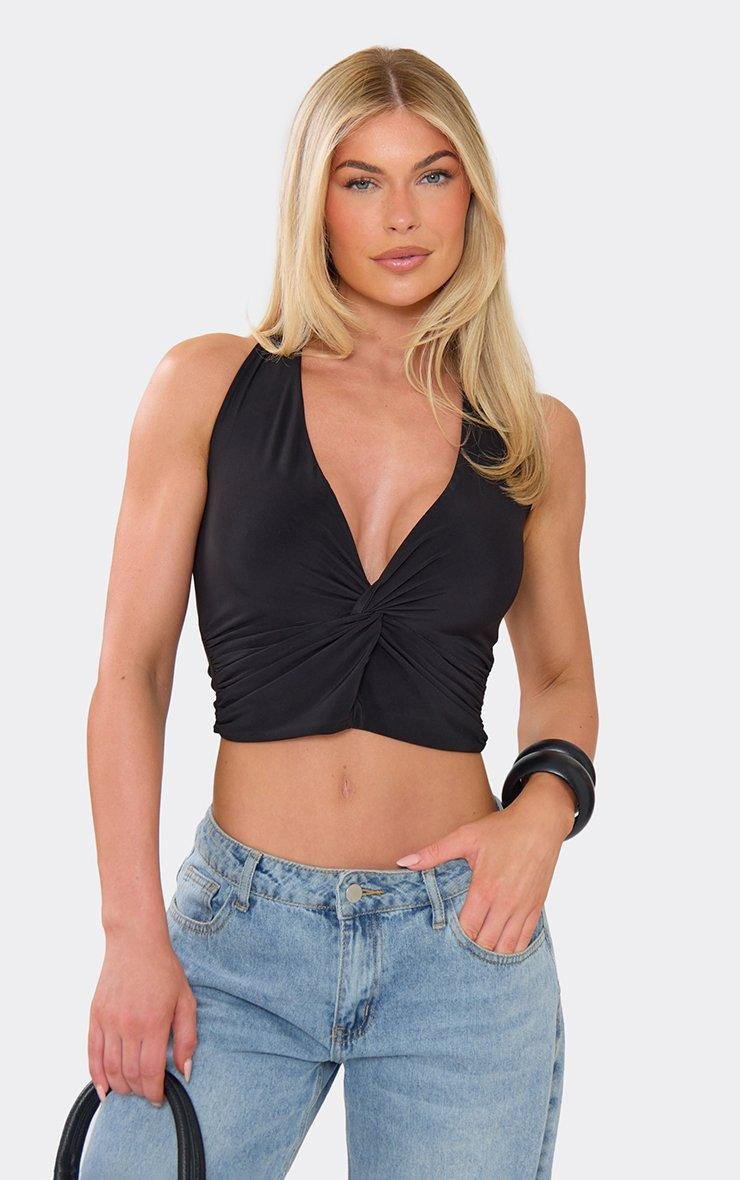 EGO Sleeveless Plunge Front Knot Detail Top In Black, Women's Size UK 6 - 2