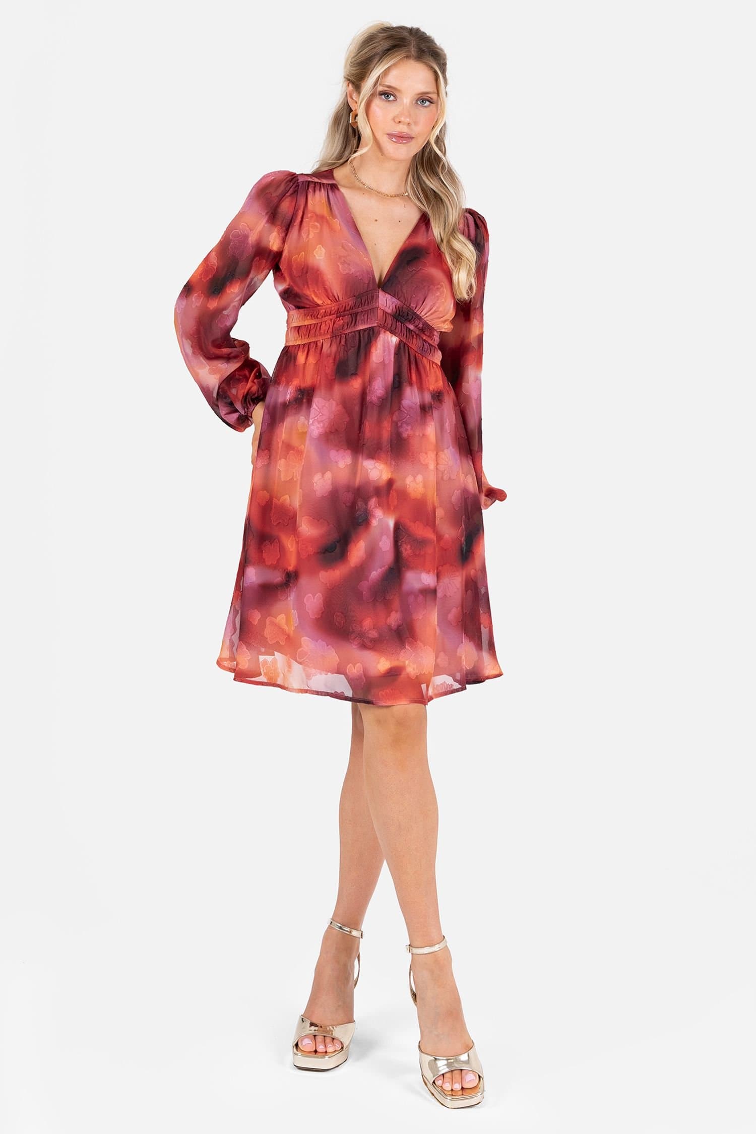 Lovedrobe Lovedrobe Women's Floral Burnout Long Sleeve V Neck Mini Dress