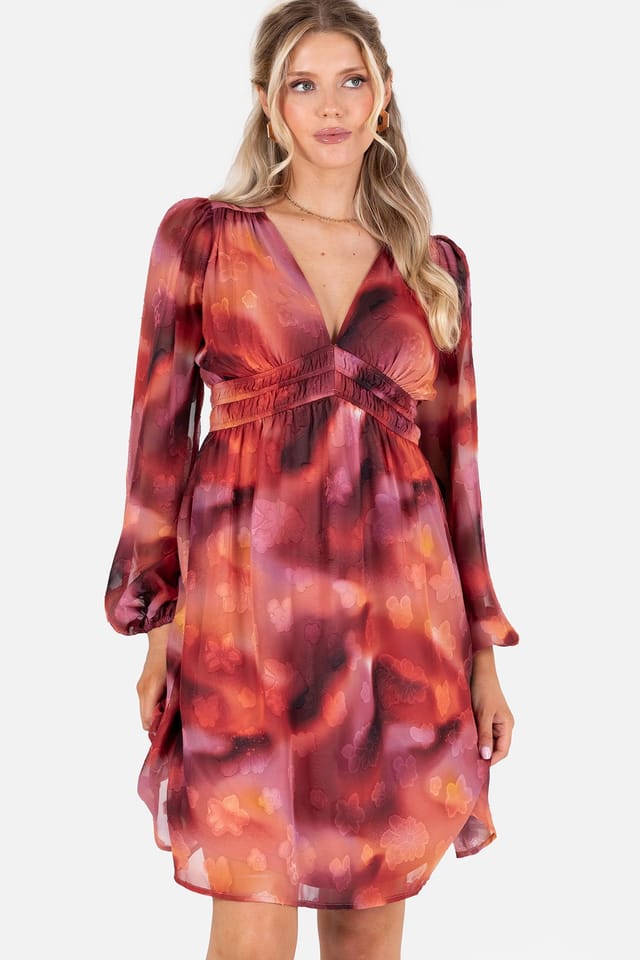 Lovedrobe Lovedrobe Women's Floral Burnout Long Sleeve V Neck Mini Dress - 3