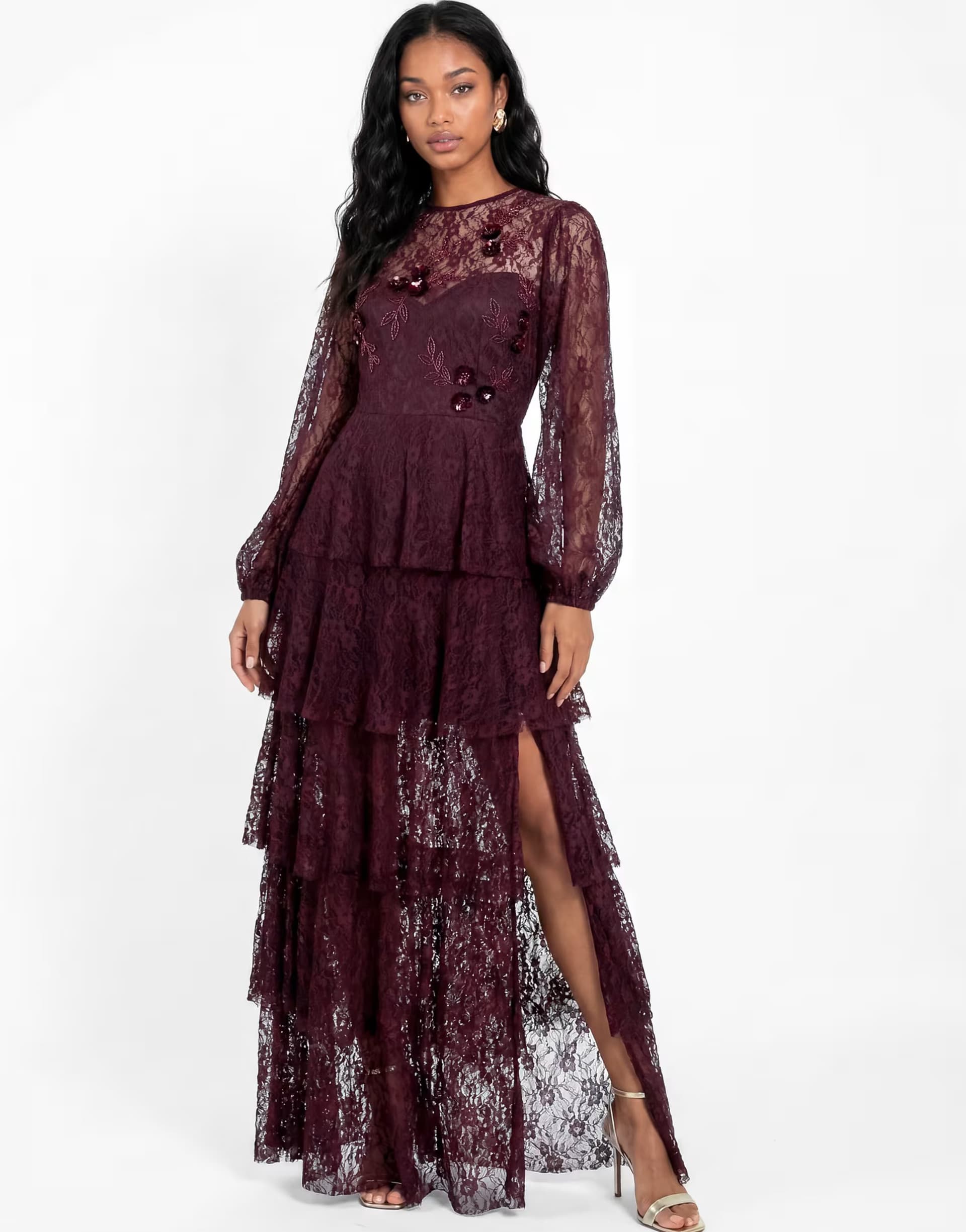 ASOS Maya Floral embellished blouson sleeve tiered lace maxi dress in wine