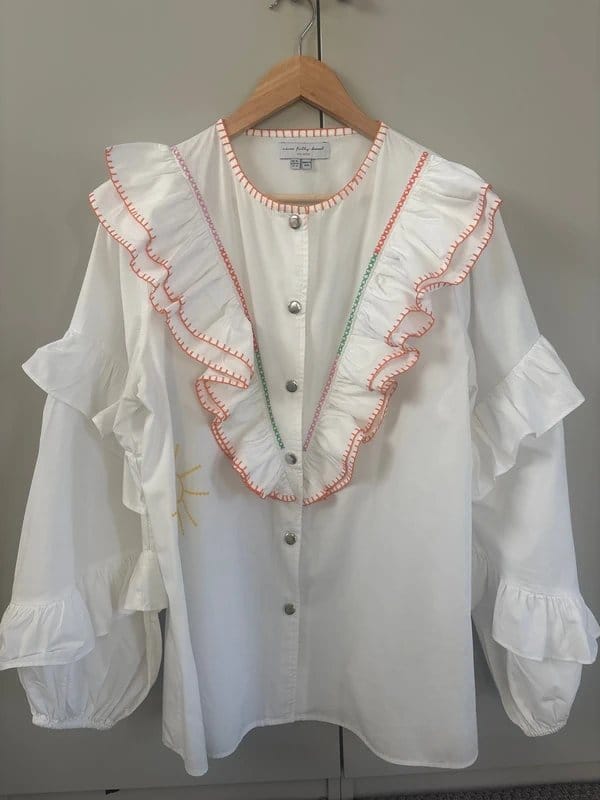 Never Fully Dressed White Ruffle Shirt With Embroidery