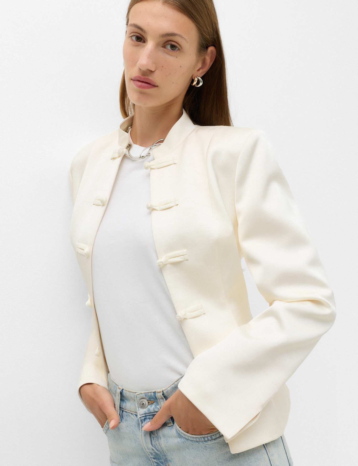 Marks & Spencer M&S Satin Look Textured Blazer Ivory