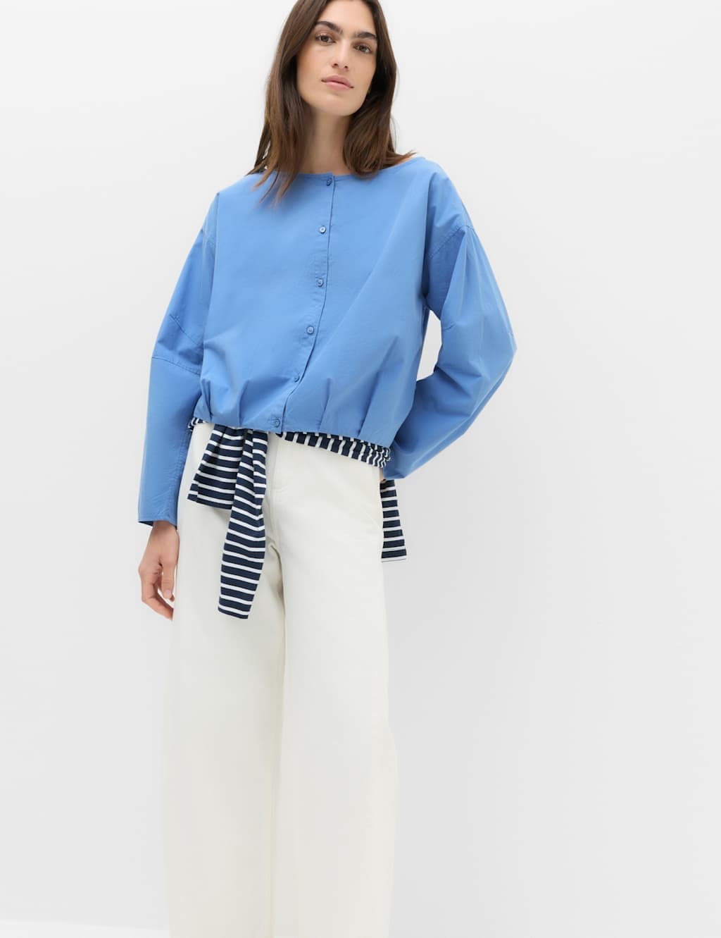 Marks & Spencer M&S Pure Cotton Polka Dot Barrel Sleeve Blouse Fresh Blue