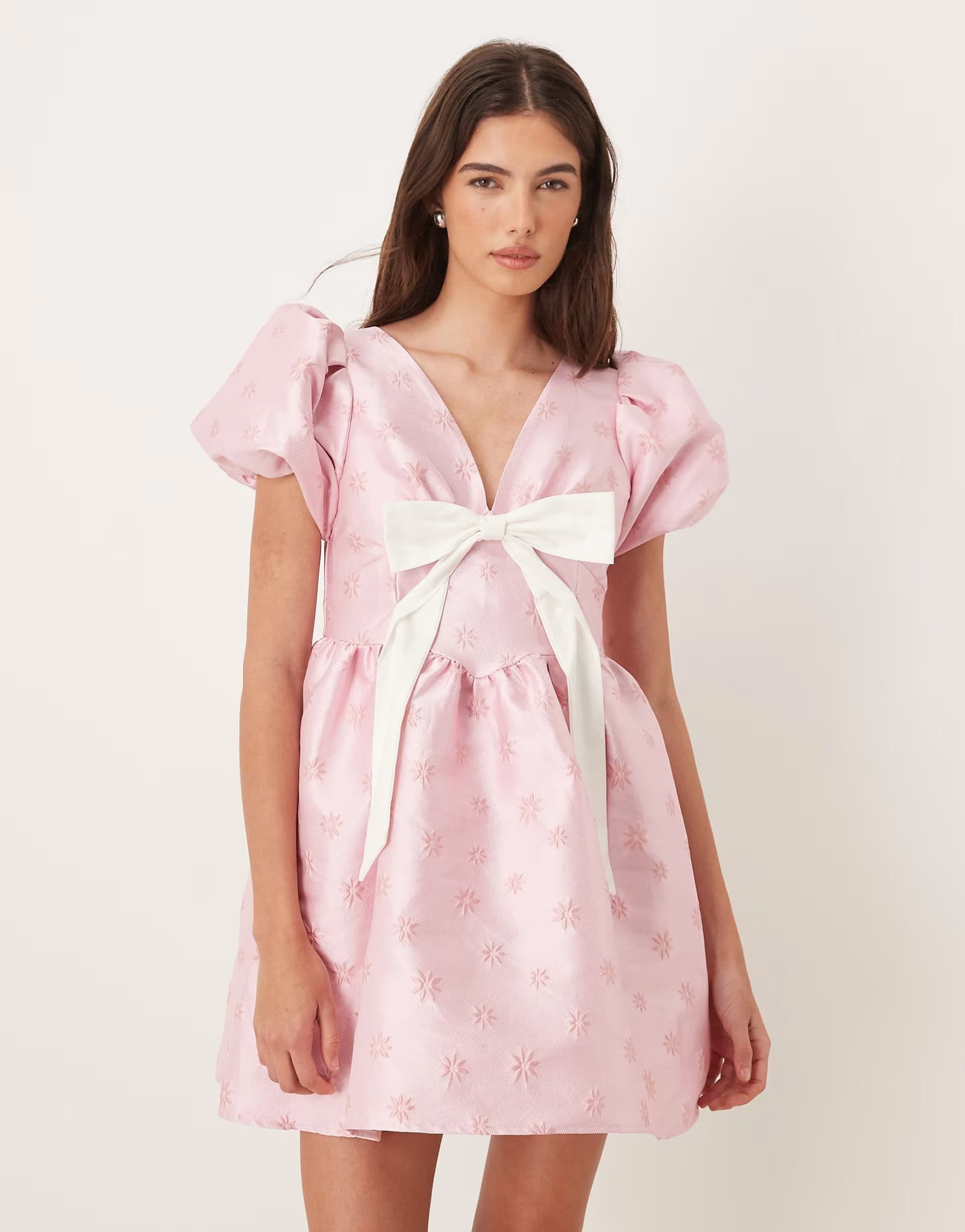 ASOS Sister Jane exclusive v neck puff sleeve bow mini dress in pink