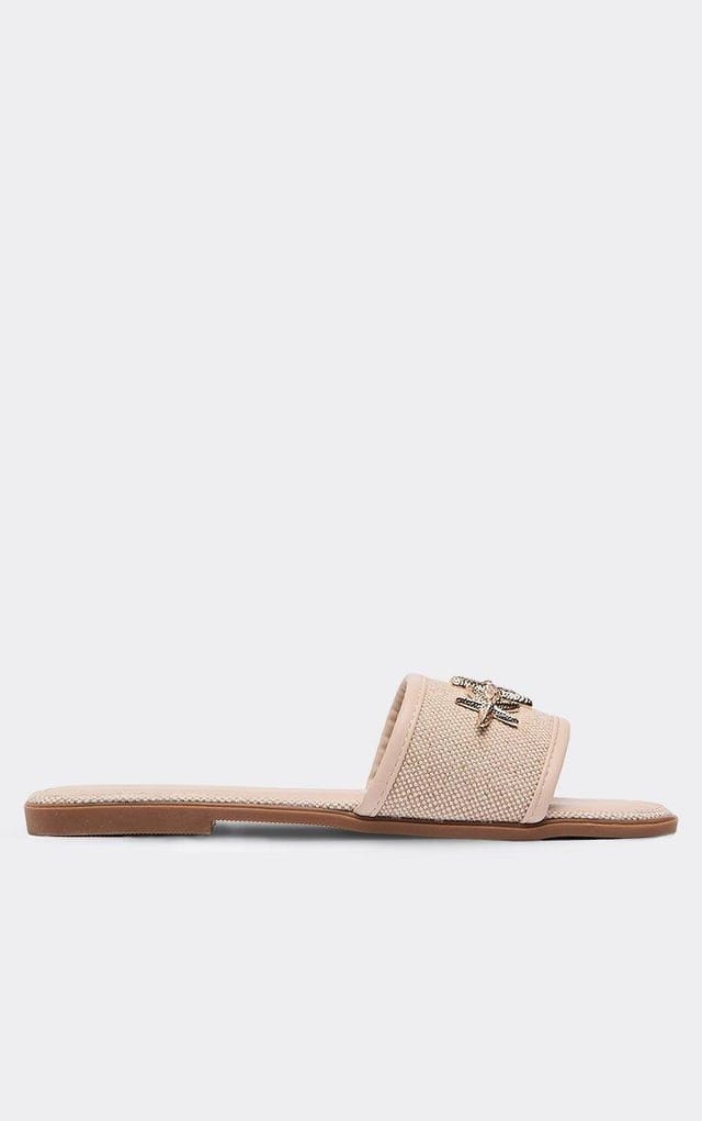 EGO Harilee Contrast Woven Starfish Detail Flat Slider Sandal In Beige Faux Leather, Women's Size UK 3 - 2