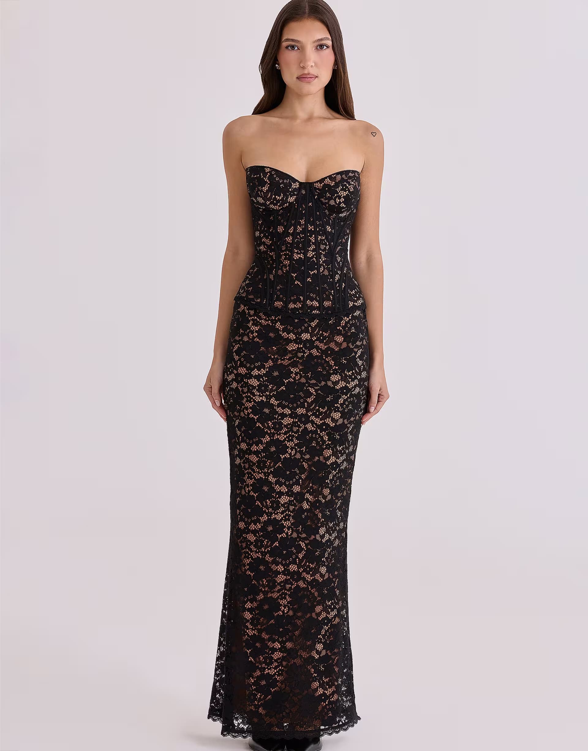 ASOS House of CB Solaine black + blush lace corset maxi dress in black + blush