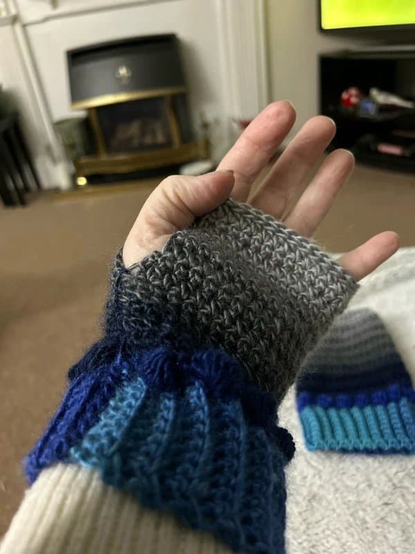 handmade crochet Handmade Crochet fingerless mitts / gloves blues greys