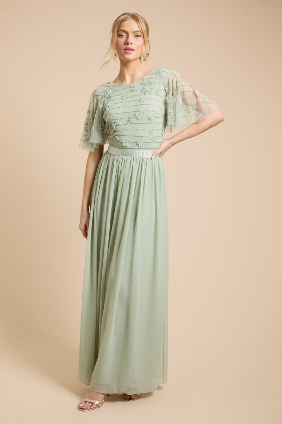 Oasis Oasis Women's Floral Embellished Mesh Angel Sleeve Maxi Dress in Sage