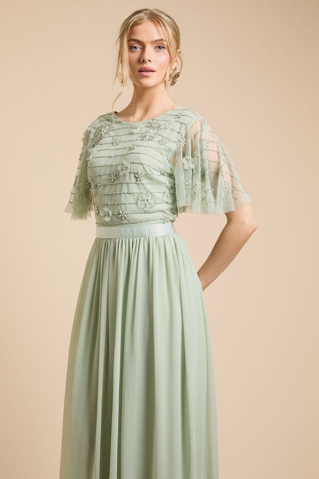 Oasis Oasis Women's Floral Embellished Mesh Angel Sleeve Maxi Dress in Sage - 2