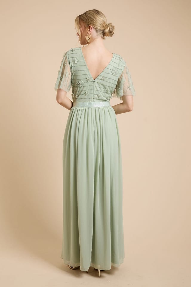 Oasis Oasis Women's Floral Embellished Mesh Angel Sleeve Maxi Dress in Sage - 3