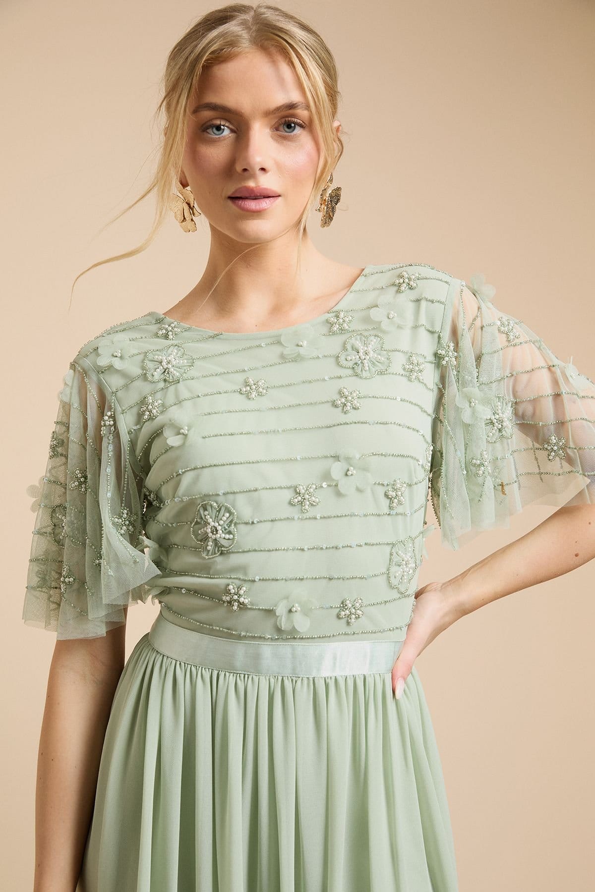 Oasis Oasis Women's Floral Embellished Mesh Angel Sleeve Maxi Dress in Sage - 4