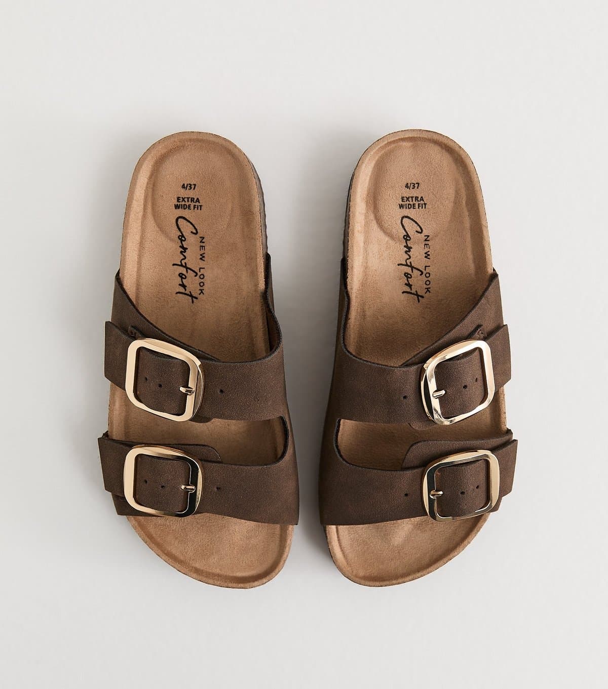 New Look Women's Extra Wide Fit Brown Cork Sole Double Strap Mule Sandals Vegan New Look
