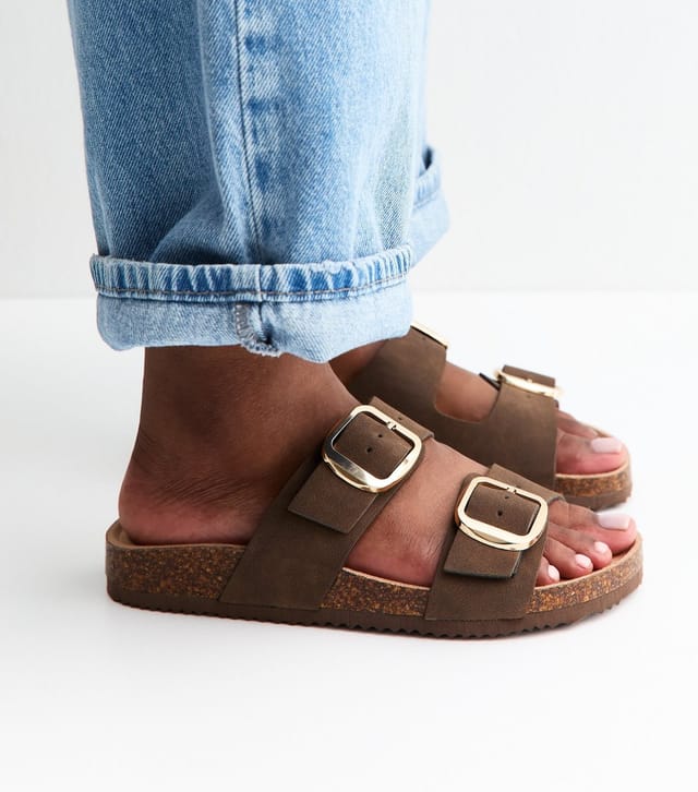 New Look Women's Extra Wide Fit Brown Cork Sole Double Strap Mule Sandals Vegan New Look - 2