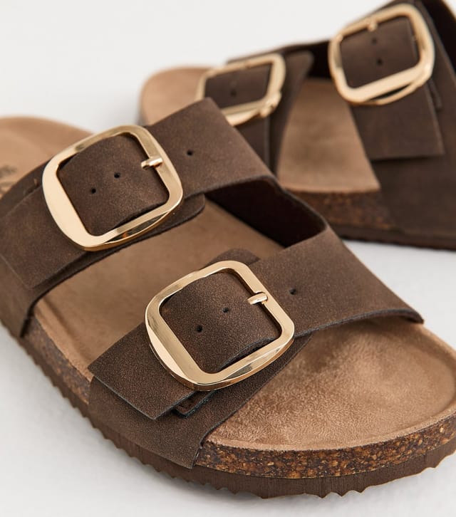 New Look Women's Extra Wide Fit Brown Cork Sole Double Strap Mule Sandals Vegan New Look - 3