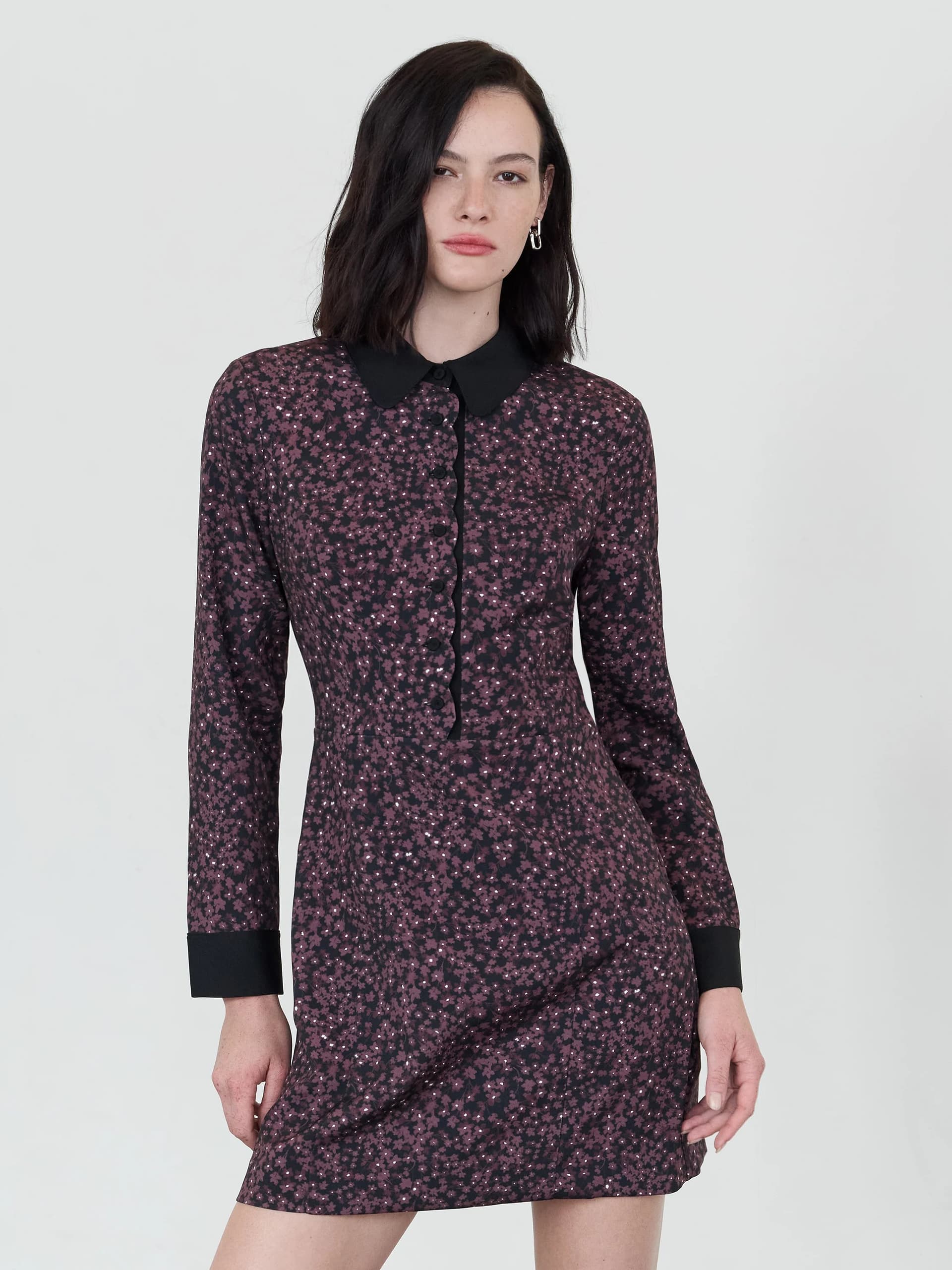 French Connection Audrey Black Floral Tailored Mini Shirt Dress Black/Cherry Liqueur