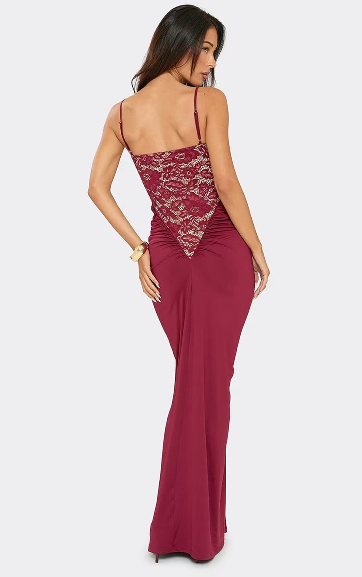 EGO Strappy Contrast Lace Corset Ruched Waist Maxi Dress In Burgundy, Women's Size UK 6