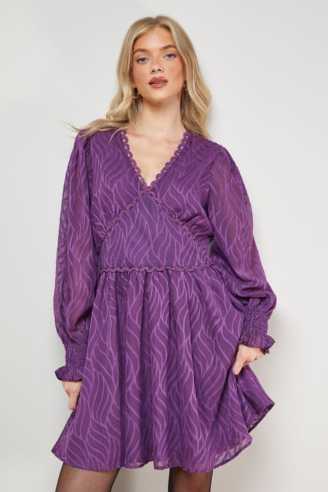 Oasis Oasis Women's Animal Jacquard Trim Detail Balloon Sleeve Mini Dress in Purple - 2