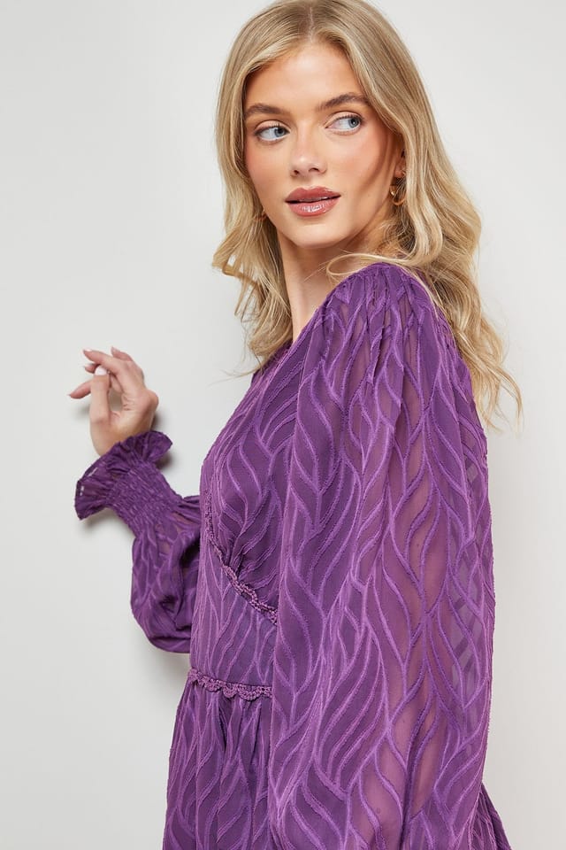 Oasis Oasis Women's Animal Jacquard Trim Detail Balloon Sleeve Mini Dress in Purple - 3